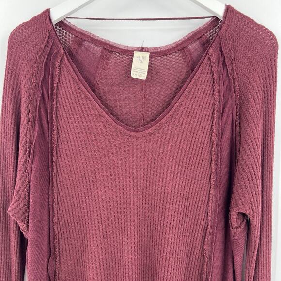 We The Free People Laguna Waffle Knit Top‎ Burgundy Red Long Sleeves Size Medium - Picture 4 of 11